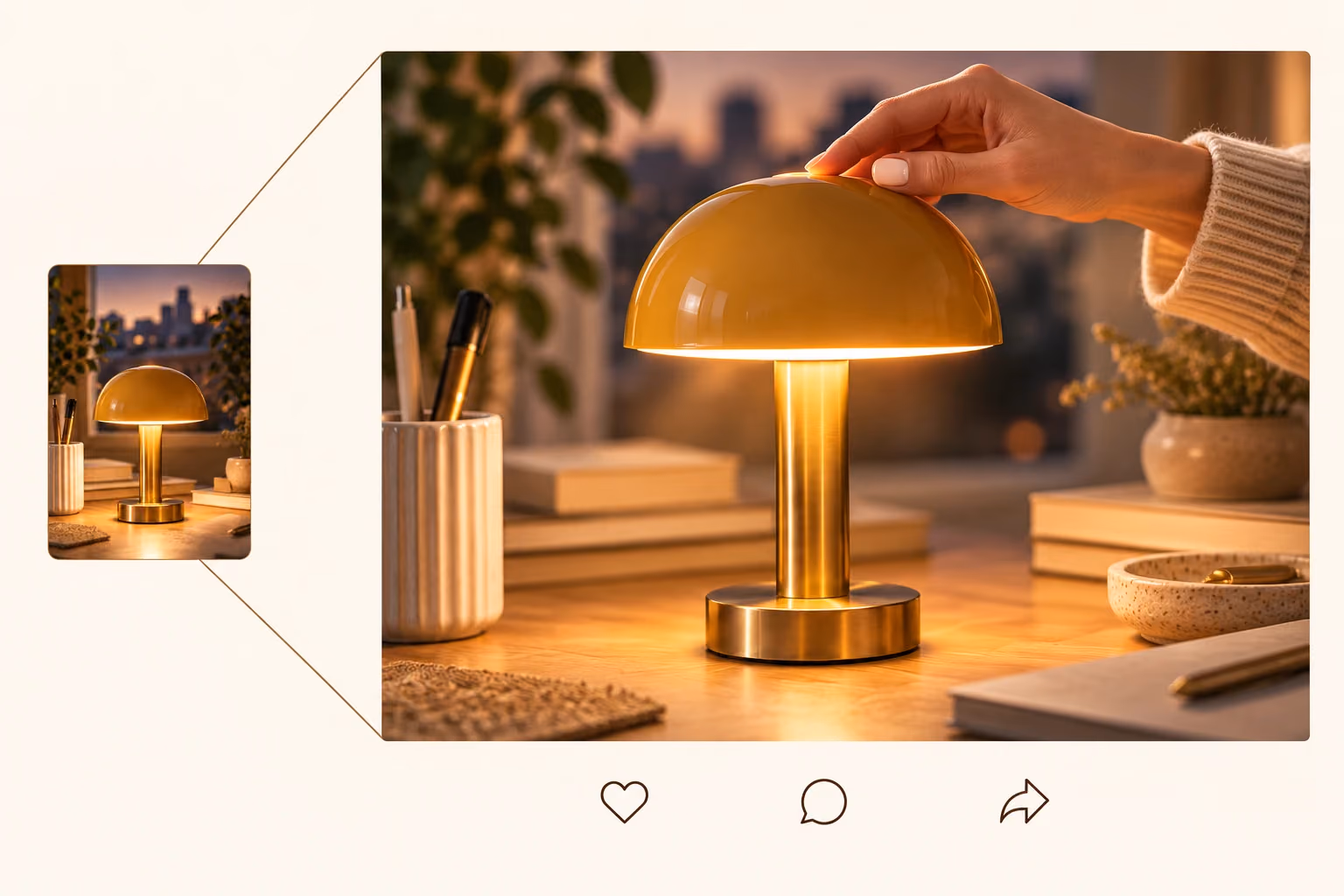 A selected lamp ad expands to show the creative alongside engagement symbols